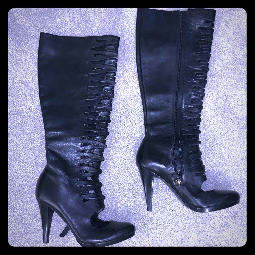 ❤️ Knee High Black Cage Cut Out Heel Boots ❤️